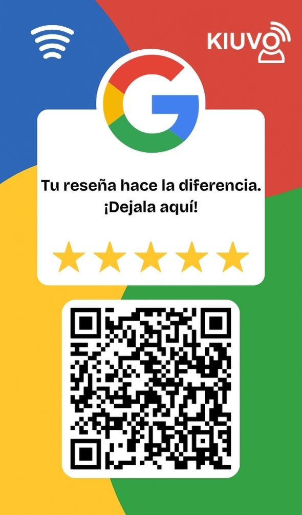 Tarjeta KIUVO Reseñas — frente: tu reseña hace la diferencia, 5 estrellas y QR